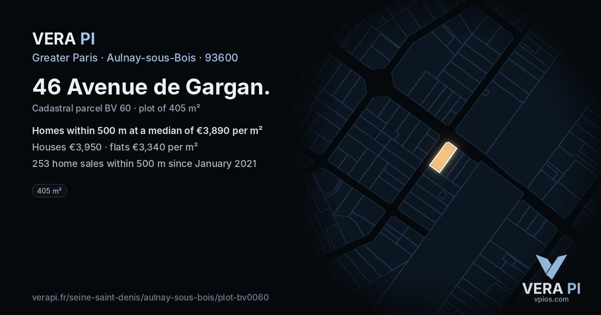 46 Avenue de Gargan, Aulnay-sous-Bois at night – the plot lit, the parcels around coloured by the prices near them