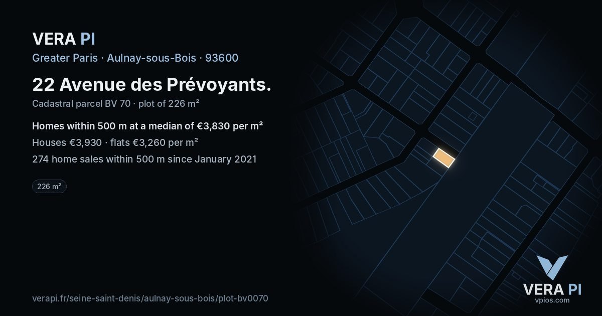 22 Avenue des Prévoyants, Aulnay-sous-Bois at night – the plot lit, the parcels around coloured by the prices near them