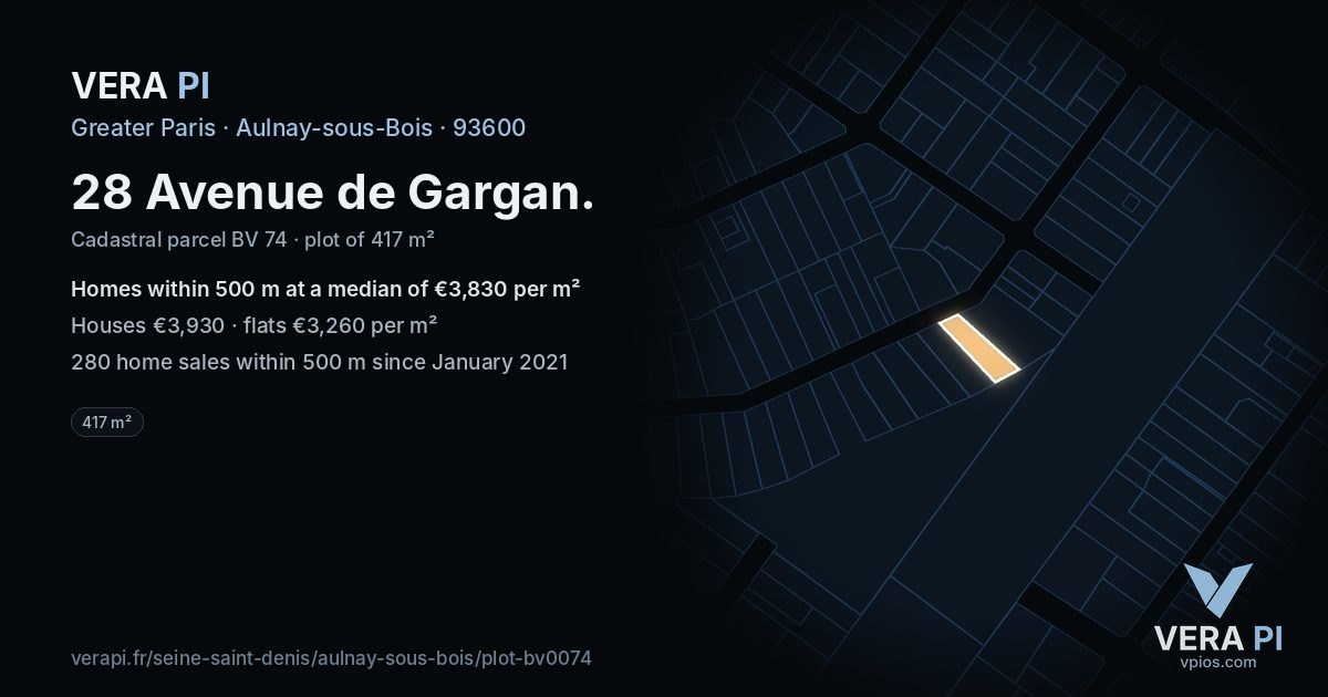 28 Avenue de Gargan, Aulnay-sous-Bois at night – the plot lit, the parcels around coloured by the prices near them