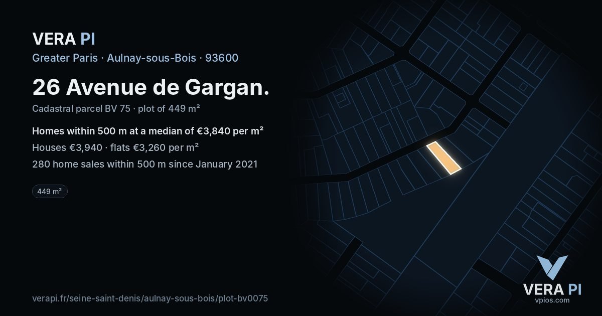 26 Avenue de Gargan, Aulnay-sous-Bois at night – the plot lit, the parcels around coloured by the prices near them