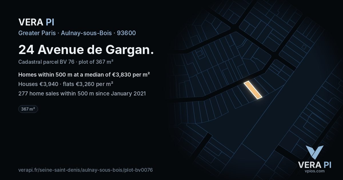 24 Avenue de Gargan, Aulnay-sous-Bois at night – the plot lit, the parcels around coloured by the prices near them
