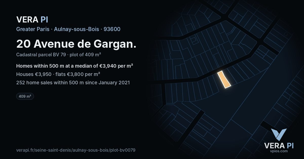 20 Avenue de Gargan, Aulnay-sous-Bois at night – the plot lit, the parcels around coloured by the prices near them