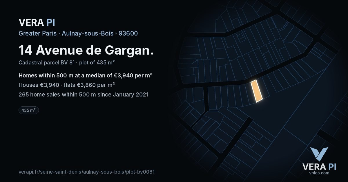 14 Avenue de Gargan, Aulnay-sous-Bois at night – the plot lit, the parcels around coloured by the prices near them