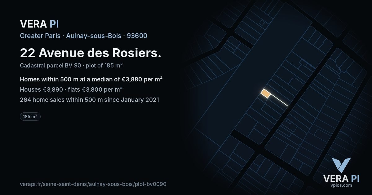 22 Avenue des Rosiers, Aulnay-sous-Bois at night – the plot lit, the parcels around coloured by the prices near them