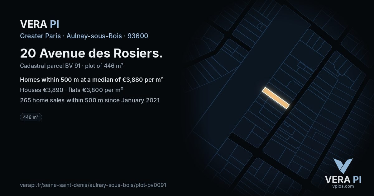 20 Avenue des Rosiers, Aulnay-sous-Bois at night – the plot lit, the parcels around coloured by the prices near them