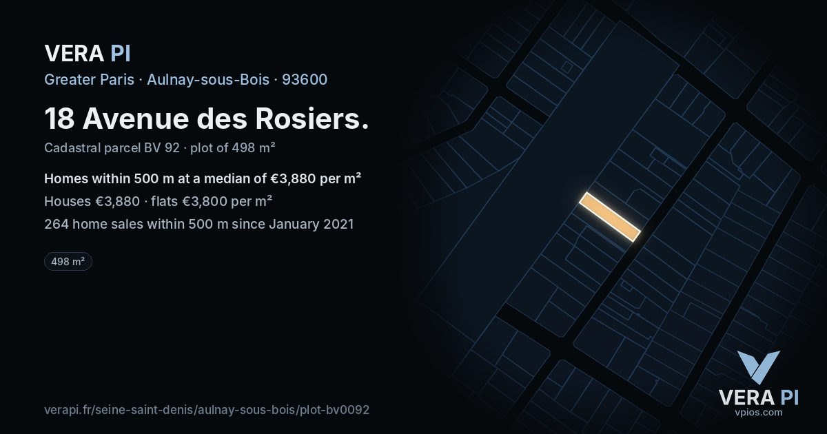 18 Avenue des Rosiers, Aulnay-sous-Bois at night – the plot lit, the parcels around coloured by the prices near them