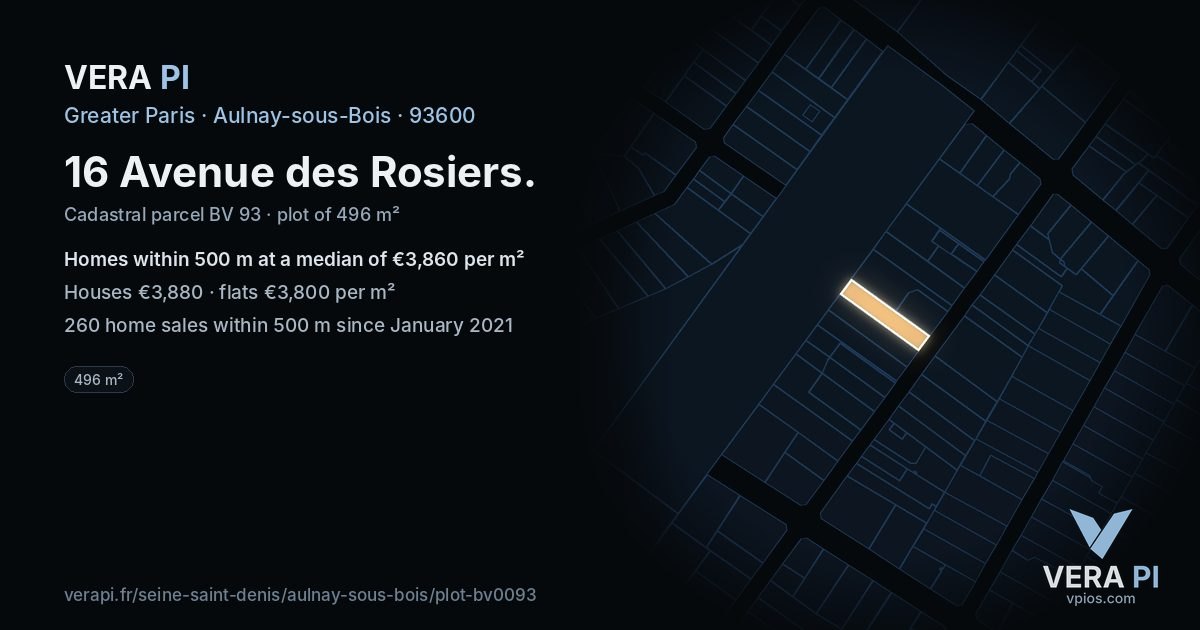 16 Avenue des Rosiers, Aulnay-sous-Bois at night – the plot lit, the parcels around coloured by the prices near them