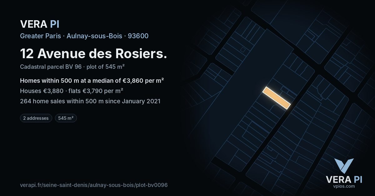 12 Avenue des Rosiers, Aulnay-sous-Bois at night – the plot lit, the parcels around coloured by the prices near them