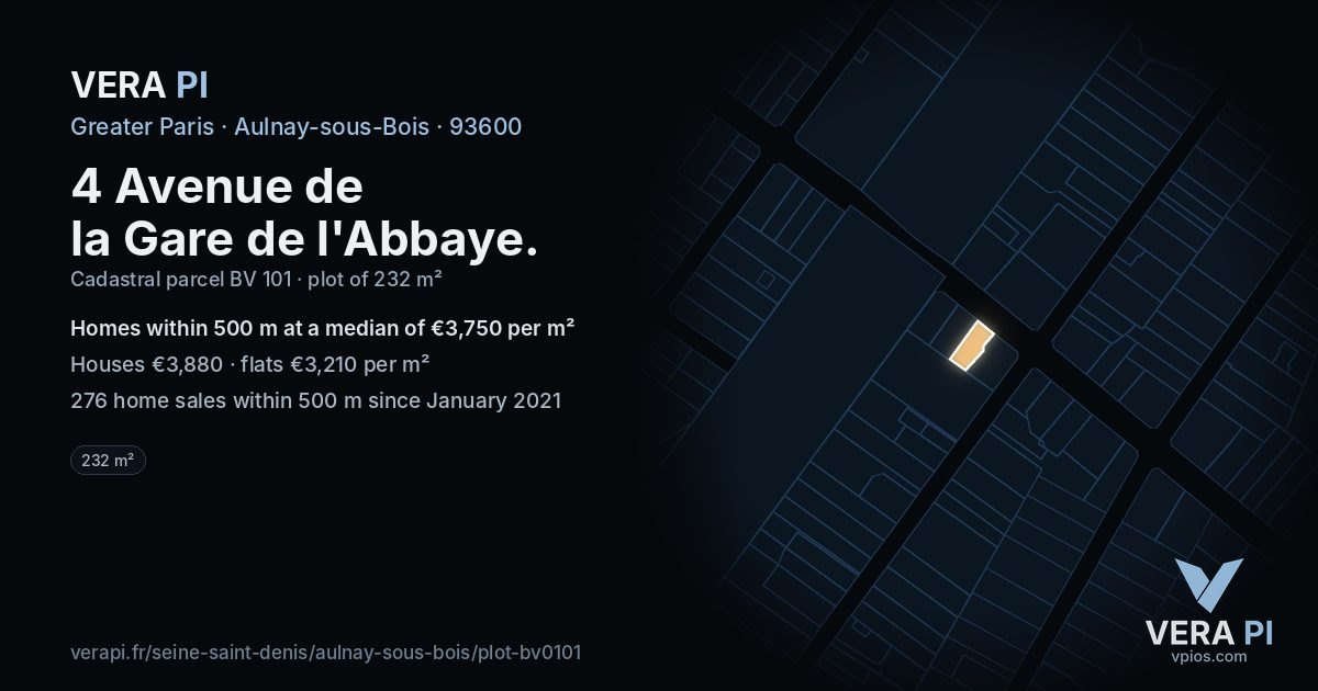 4 Avenue de la Gare de l'Abbaye, Aulnay-sous-Bois at night – the plot lit, the parcels around coloured by the prices near them