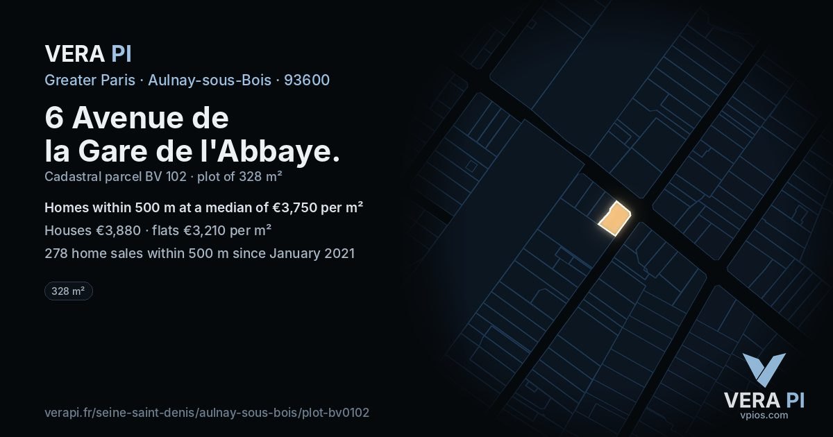 6 Avenue de la Gare de l'Abbaye, Aulnay-sous-Bois at night – the plot lit, the parcels around coloured by the prices near them