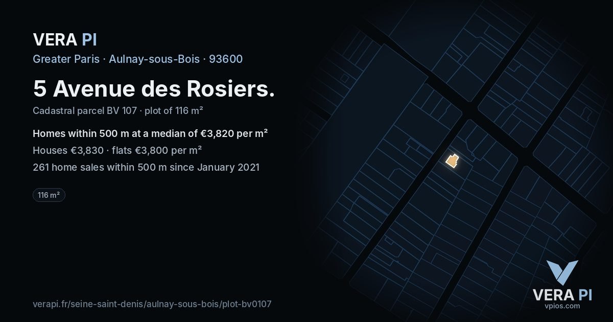 5 Avenue des Rosiers, Aulnay-sous-Bois at night – the plot lit, the parcels around coloured by the prices near them