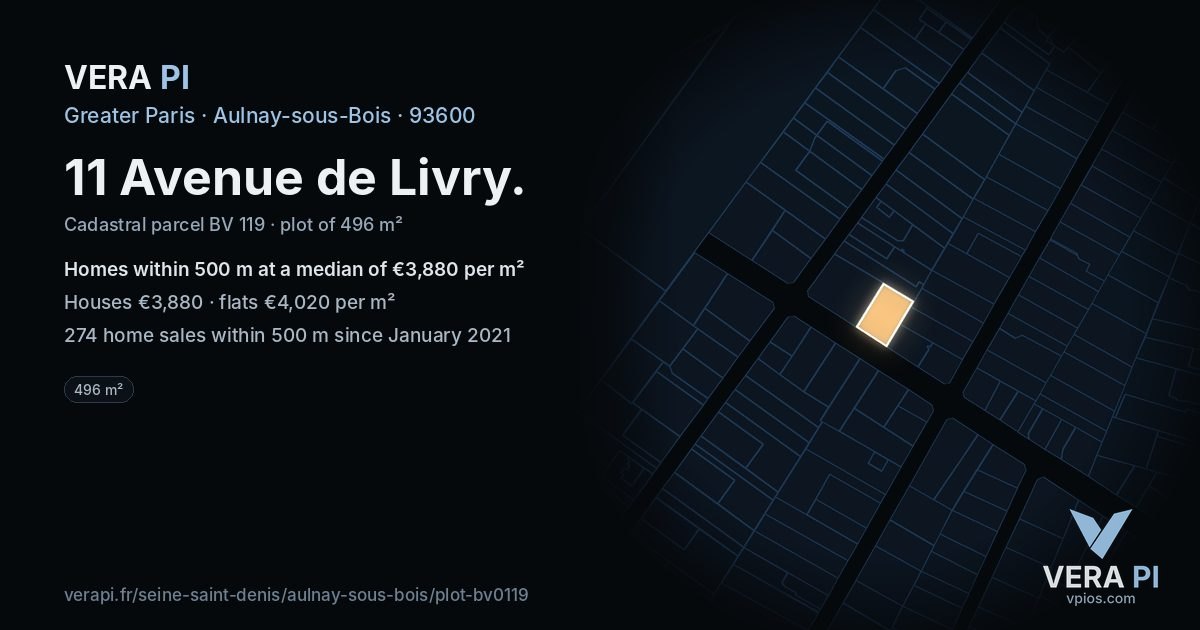 11 Avenue de Livry, Aulnay-sous-Bois at night – the plot lit, the parcels around coloured by the prices near them