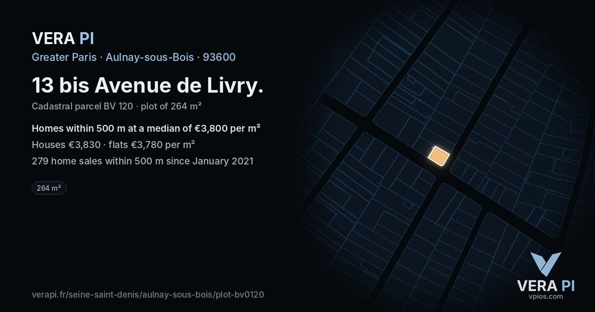 13 bis Avenue de Livry, Aulnay-sous-Bois at night – the plot lit, the parcels around coloured by the prices near them