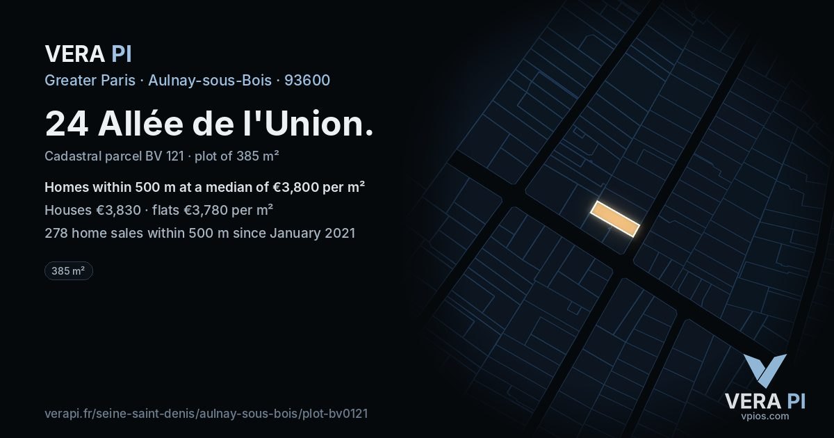 24 Allée de l'Union, Aulnay-sous-Bois at night – the plot lit, the parcels around coloured by the prices near them