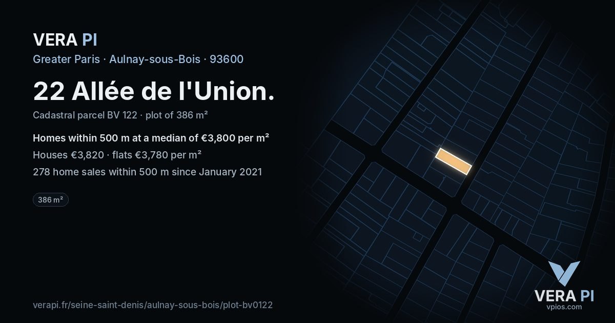 22 Allée de l'Union, Aulnay-sous-Bois at night – the plot lit, the parcels around coloured by the prices near them