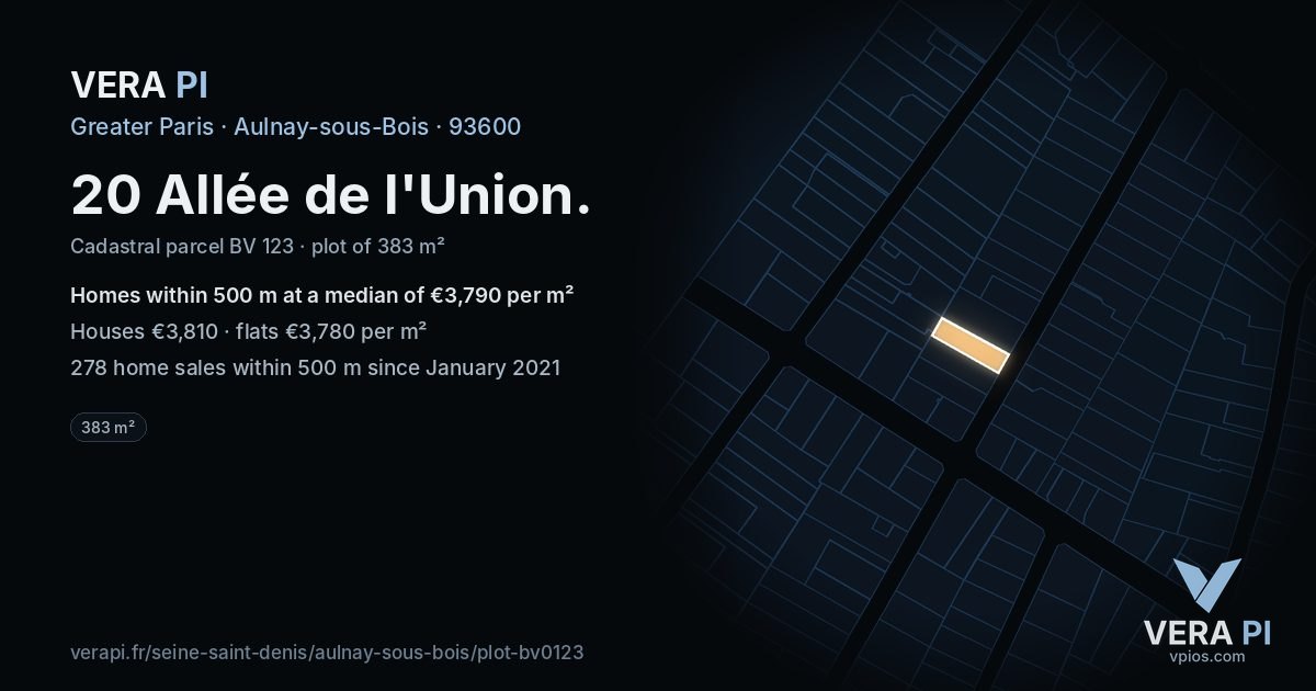 20 Allée de l'Union, Aulnay-sous-Bois at night – the plot lit, the parcels around coloured by the prices near them