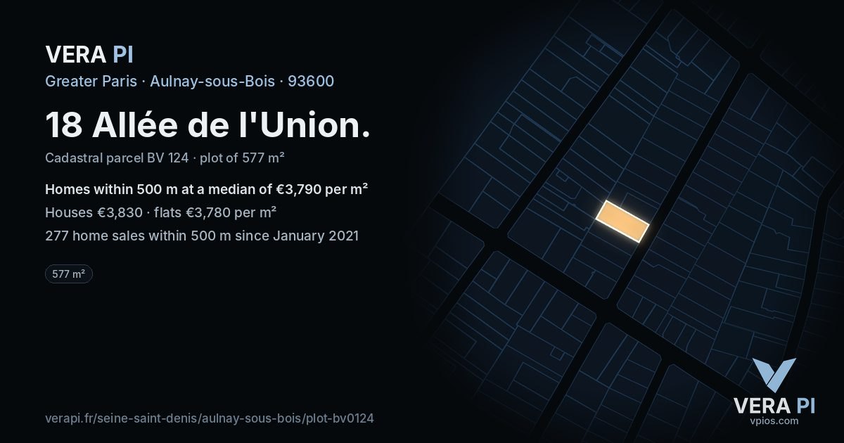 18 Allée de l'Union, Aulnay-sous-Bois at night – the plot lit, the parcels around coloured by the prices near them