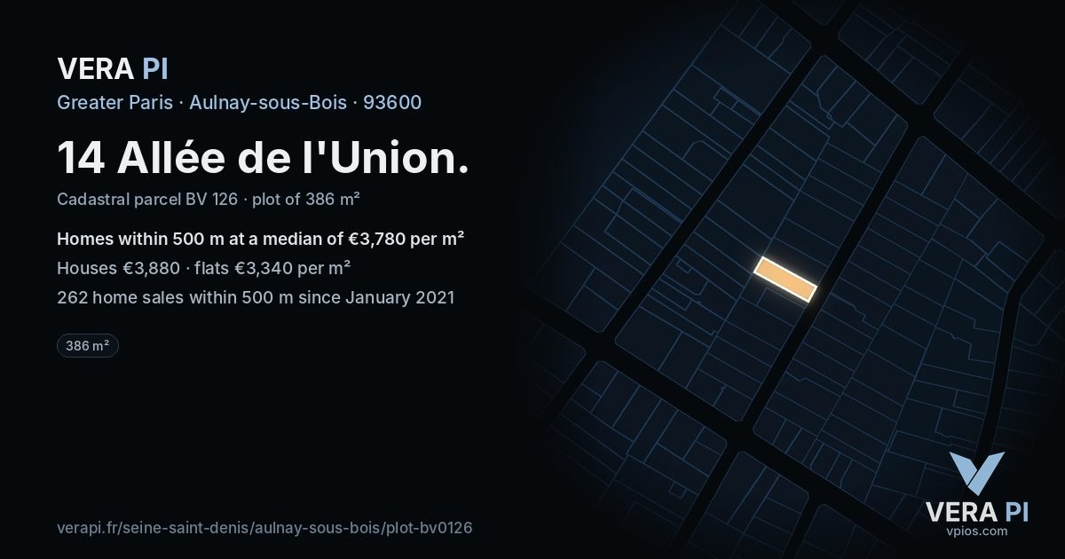 14 Allée de l'Union, Aulnay-sous-Bois at night – the plot lit, the parcels around coloured by the prices near them