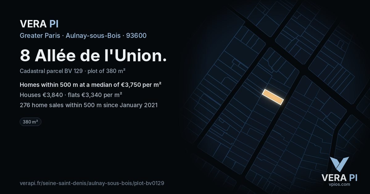 8 Allée de l'Union, Aulnay-sous-Bois at night – the plot lit, the parcels around coloured by the prices near them