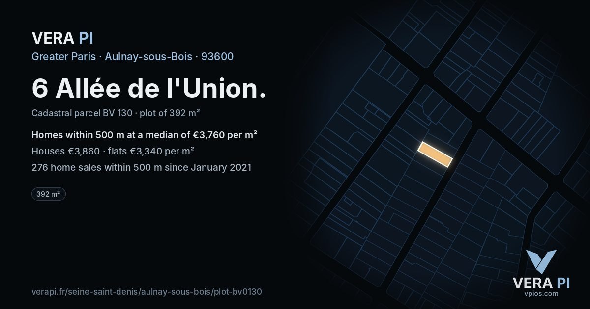 6 Allée de l'Union, Aulnay-sous-Bois at night – the plot lit, the parcels around coloured by the prices near them