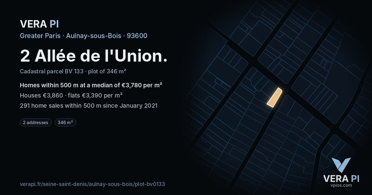2 Allée de l'Union, Aulnay-sous-Bois at night – the plot lit, the parcels around coloured by the prices near them
