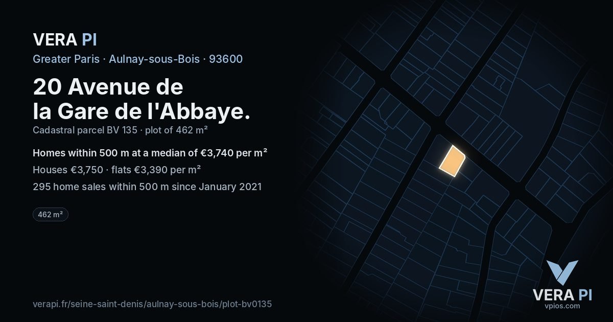 20 Avenue de la Gare de l'Abbaye, Aulnay-sous-Bois at night – the plot lit, the parcels around coloured by the prices near them