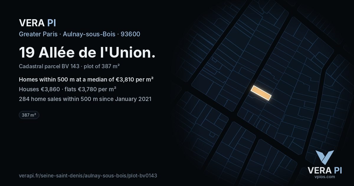 19 Allée de l'Union, Aulnay-sous-Bois at night – the plot lit, the parcels around coloured by the prices near them