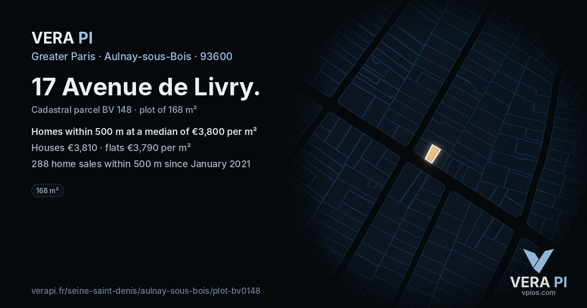17 Avenue de Livry, Aulnay-sous-Bois at night – the plot lit, the parcels around coloured by the prices near them