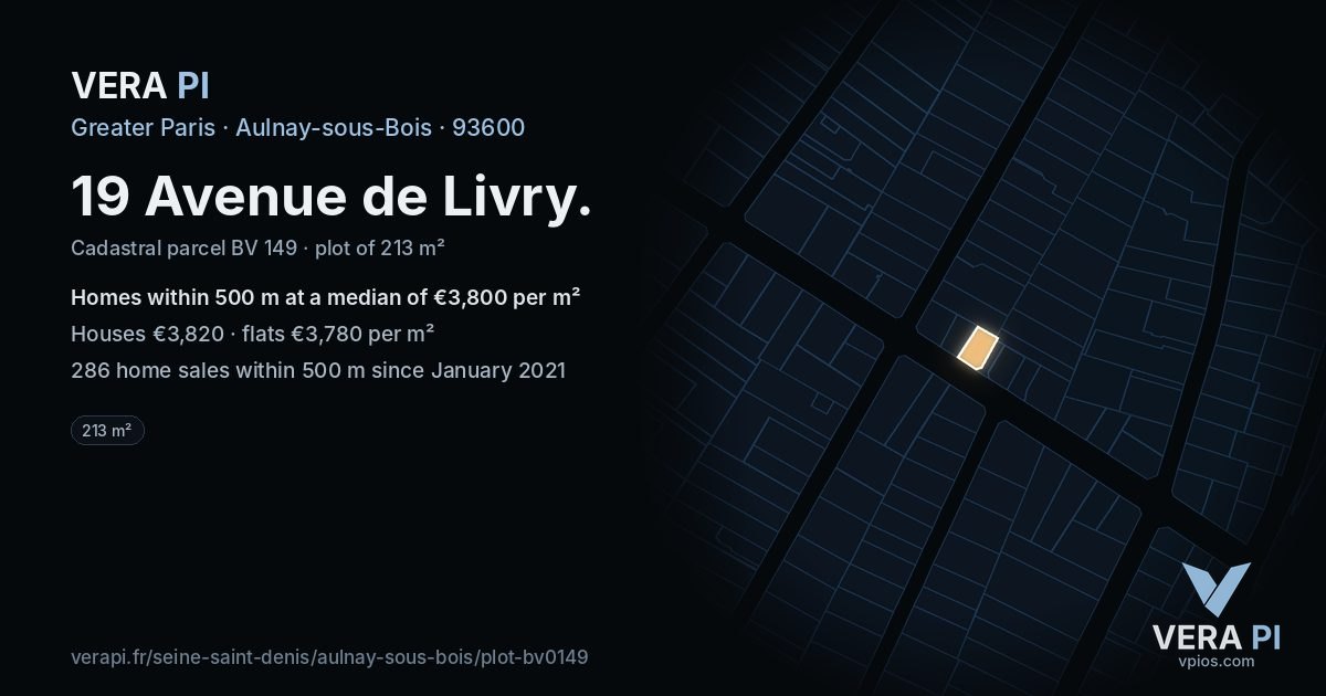19 Avenue de Livry, Aulnay-sous-Bois at night – the plot lit, the parcels around coloured by the prices near them
