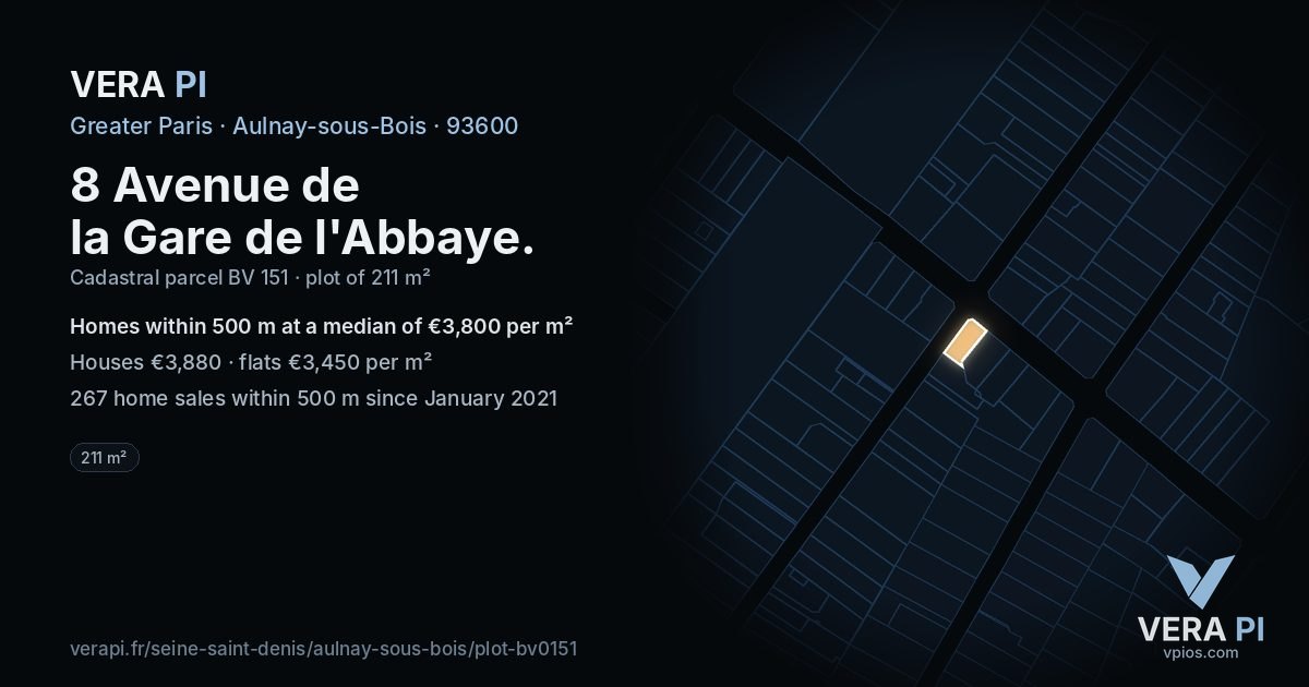 8 Avenue de la Gare de l'Abbaye, Aulnay-sous-Bois at night – the plot lit, the parcels around coloured by the prices near them