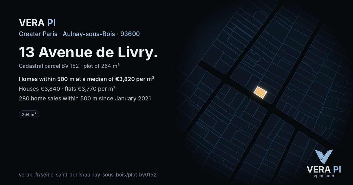 13 Avenue de Livry, Aulnay-sous-Bois at night – the plot lit, the parcels around coloured by the prices near them
