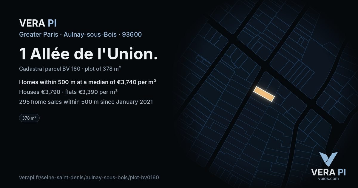 1 Allée de l'Union, Aulnay-sous-Bois at night – the plot lit, the parcels around coloured by the prices near them