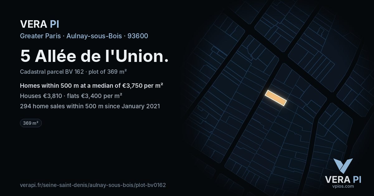 5 Allée de l'Union, Aulnay-sous-Bois at night – the plot lit, the parcels around coloured by the prices near them