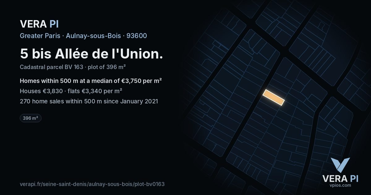 5 bis Allée de l'Union, Aulnay-sous-Bois at night – the plot lit, the parcels around coloured by the prices near them