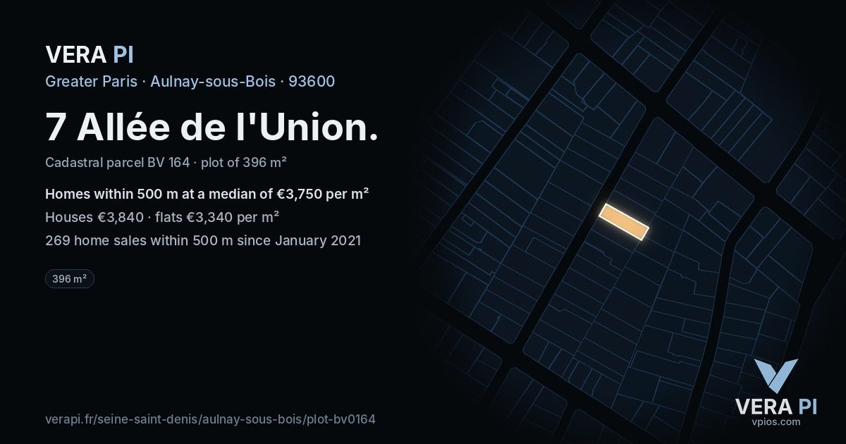 7 Allée de l'Union, Aulnay-sous-Bois at night – the plot lit, the parcels around coloured by the prices near them