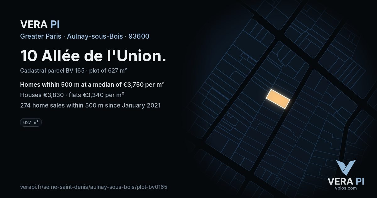 10 Allée de l'Union, Aulnay-sous-Bois at night – the plot lit, the parcels around coloured by the prices near them