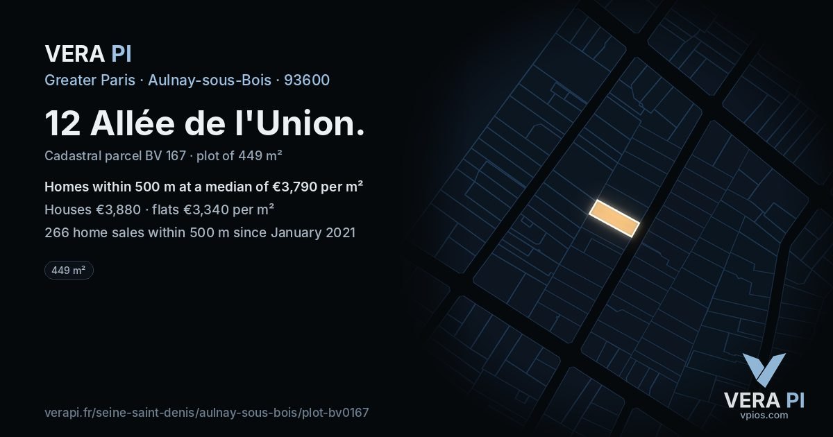 12 Allée de l'Union, Aulnay-sous-Bois at night – the plot lit, the parcels around coloured by the prices near them