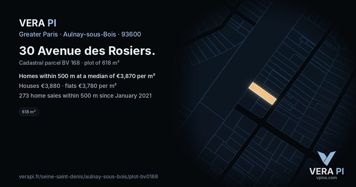 30 Avenue des Rosiers, Aulnay-sous-Bois at night – the plot lit, the parcels around coloured by the prices near them