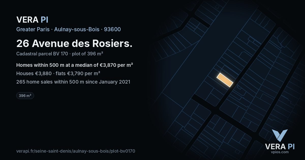 26 Avenue des Rosiers, Aulnay-sous-Bois at night – the plot lit, the parcels around coloured by the prices near them