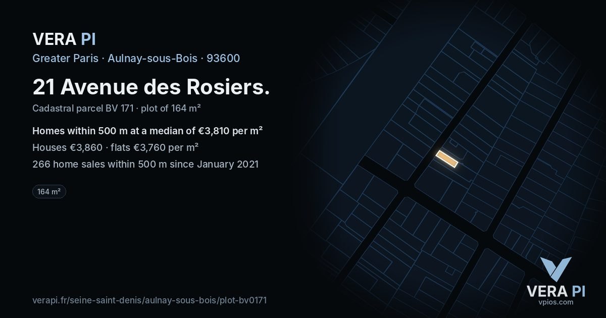 21 Avenue des Rosiers, Aulnay-sous-Bois at night – the plot lit, the parcels around coloured by the prices near them