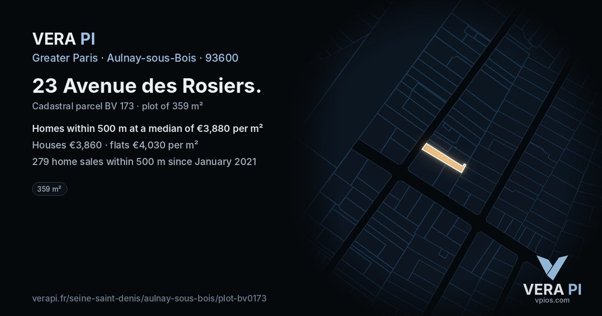 23 Avenue des Rosiers, Aulnay-sous-Bois at night – the plot lit, the parcels around coloured by the prices near them