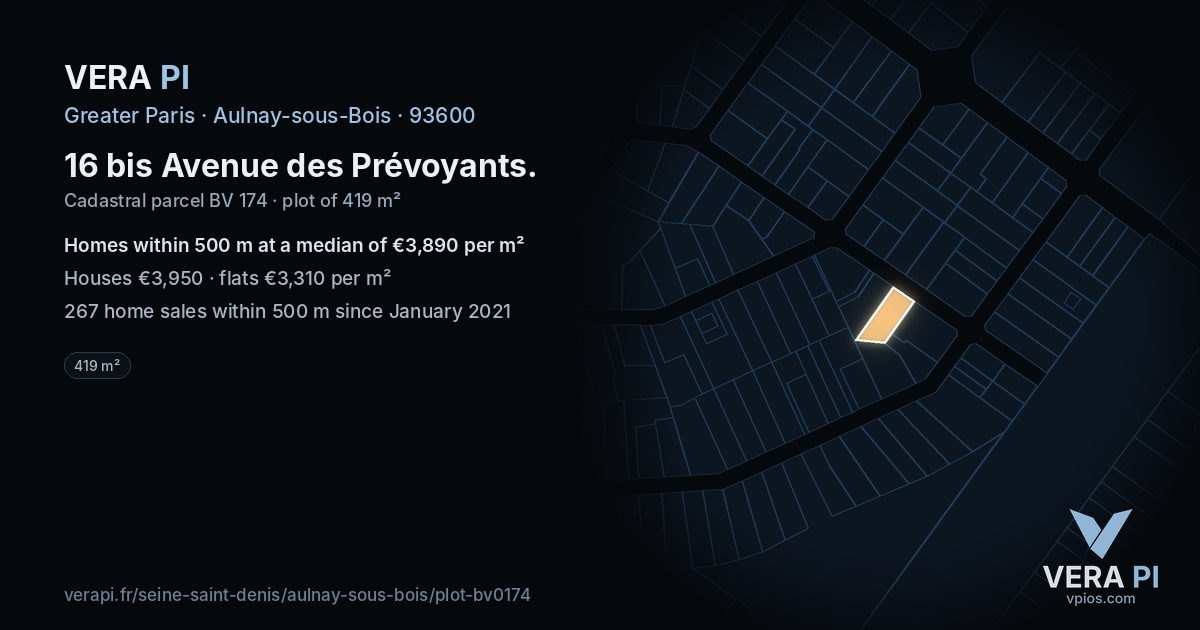 16 bis Avenue des Prévoyants, Aulnay-sous-Bois at night – the plot lit, the parcels around coloured by the prices near them