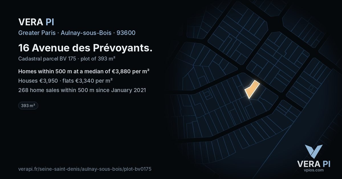 16 Avenue des Prévoyants, Aulnay-sous-Bois at night – the plot lit, the parcels around coloured by the prices near them