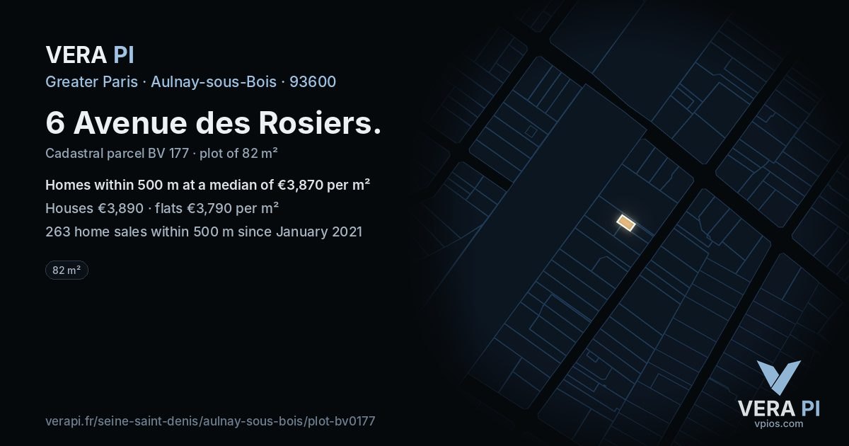 6 Avenue des Rosiers, Aulnay-sous-Bois at night – the plot lit, the parcels around coloured by the prices near them