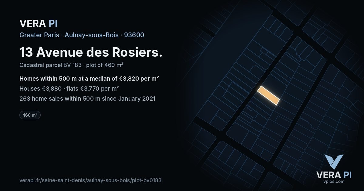 13 Avenue des Rosiers, Aulnay-sous-Bois at night – the plot lit, the parcels around coloured by the prices near them