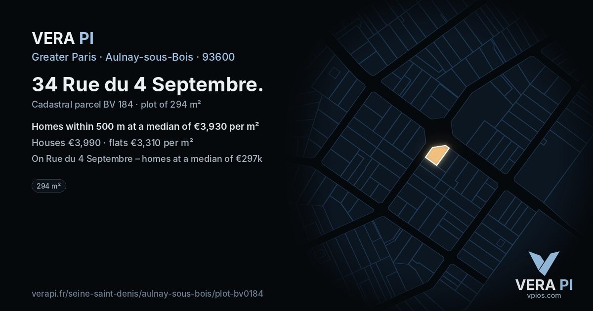 34 Rue du 4 Septembre, Aulnay-sous-Bois at night – the plot lit, the parcels around coloured by the prices near them