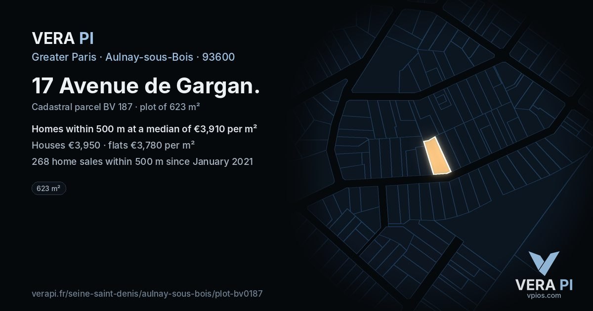 17 Avenue de Gargan, Aulnay-sous-Bois at night – the plot lit, the parcels around coloured by the prices near them