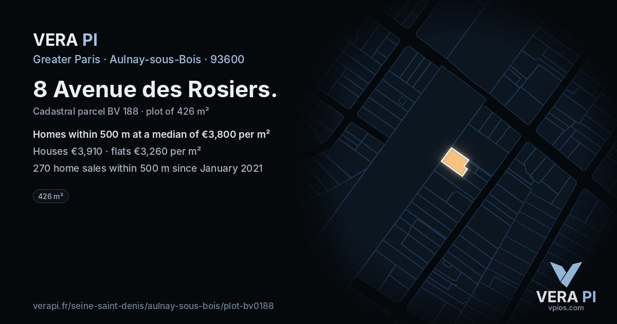 8 Avenue des Rosiers, Aulnay-sous-Bois at night – the plot lit, the parcels around coloured by the prices near them