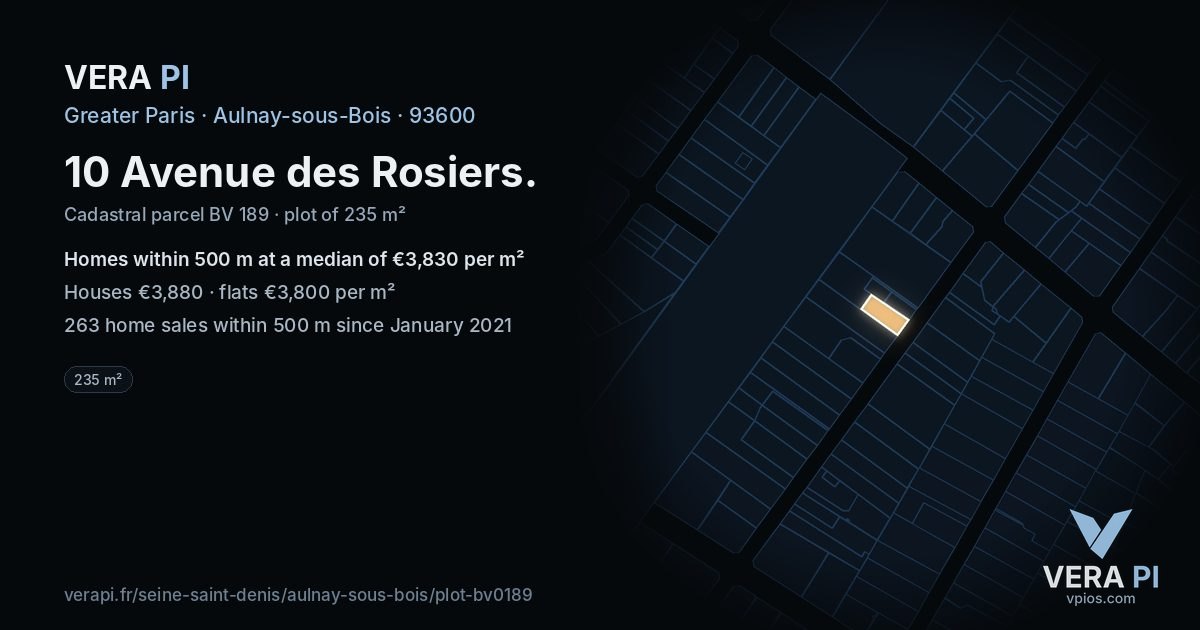 10 Avenue des Rosiers, Aulnay-sous-Bois at night – the plot lit, the parcels around coloured by the prices near them