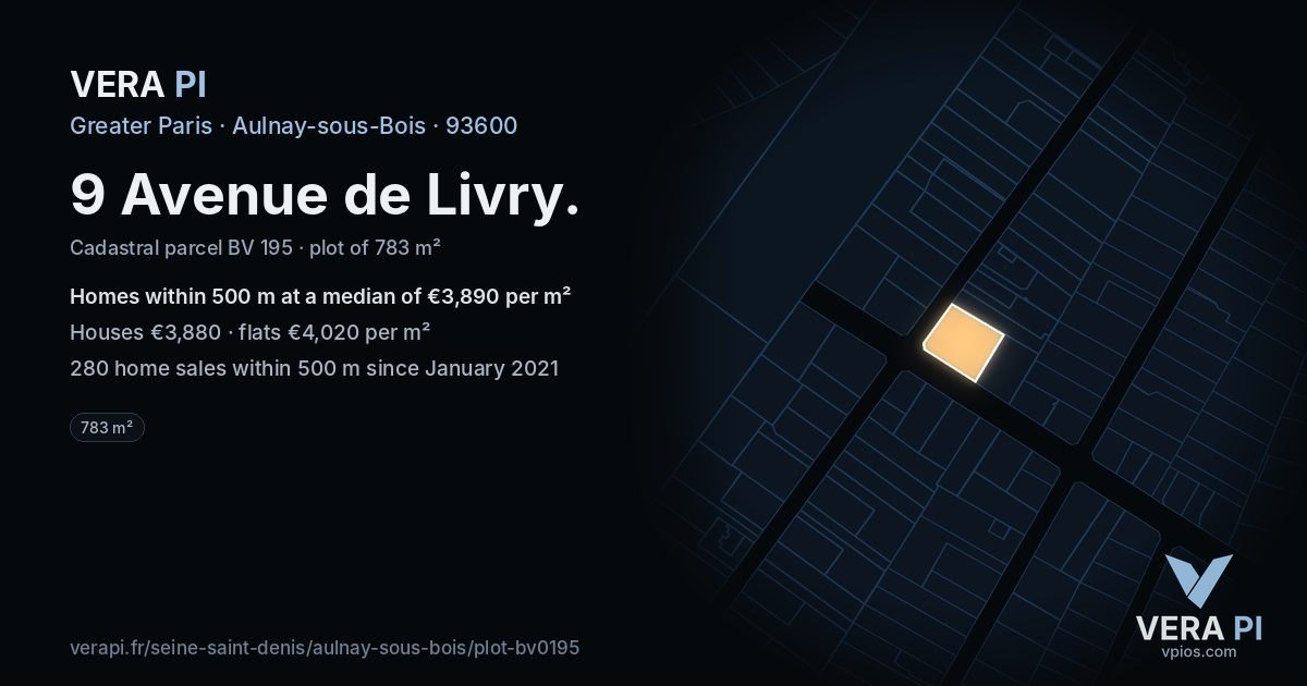9 Avenue de Livry, Aulnay-sous-Bois at night – the plot lit, the parcels around coloured by the prices near them